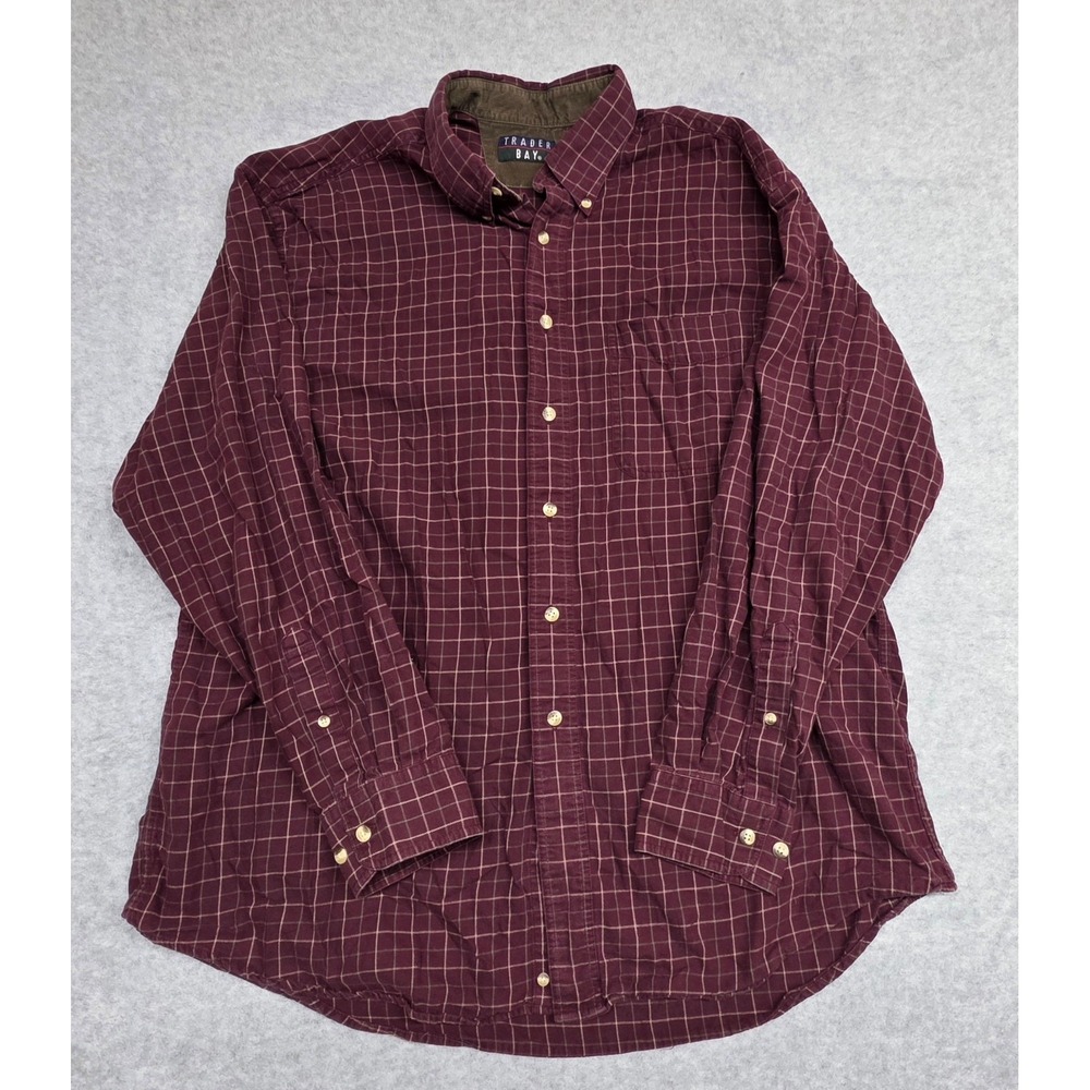 Trader Bay Men's Large Burgundy Windowpane Plaid Button-Up Shirt